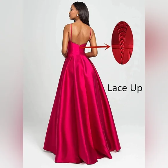 Spaghetti Strap Prom Dresses Long Strapless Satin Formal Evening Dresses Wedding - Picture 2 of 5